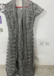 Grey Sequined Net ethnic gown with jacke