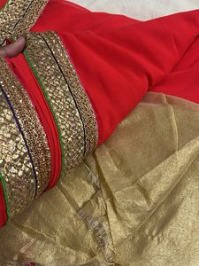Vibrant Red Saree with Golden Border