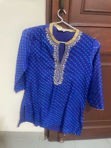 Blue Bandhani Print Kurti with Embroidery