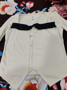 Cream Ribbed Square Neck Top with Black Trim