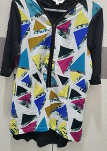 Geometric Print Zip-Up Tunic Top