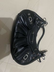 Black Ruched Shoulder Bag with Silver Hardware
