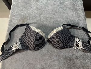 Lace Trim Pinstripe Bra