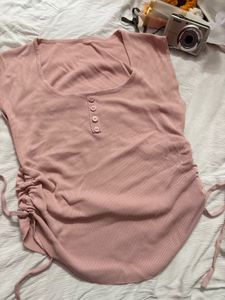 Pink Ruched Drawstring Ribbed Top