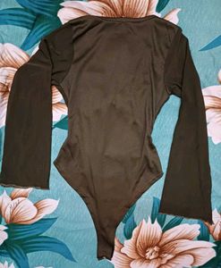 Shein Bell Sleeve Mesh Overlay Front Tie-Up Leotar