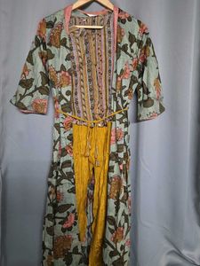 Women Mustard Yellow &amp; Green Printed Top with Dhot