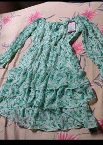 Green Floral Chiffon Ruffle Dress