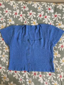 Blue Ribbed Button-Up Crop Top