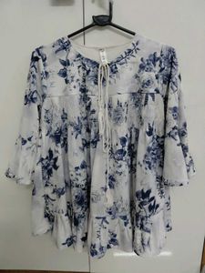 Blue Floral Print bell sleeve top