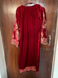 Elegant Red Velvet Kurta with Intricate Embroidery