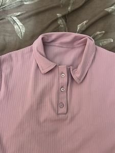Cute Pink Ribbed Polo Top