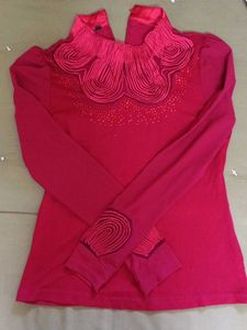 Chic Red Embellished Long-Sleeve Top