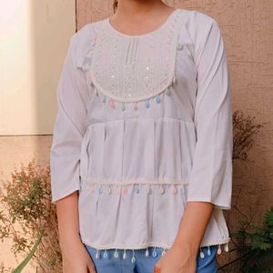 White Chikankari Kurta with Pastel Shells