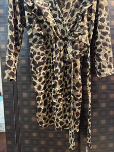 MANGO Ruffle Leopard Wrap Dress Green &amp; Taupe