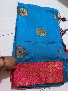 Beautiful Blue Saree with Pink Border