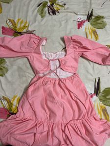 Pink Puff Sleeve Square Neck Dress