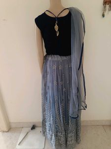 Grey Net Lahanga Blouse And Dupatta