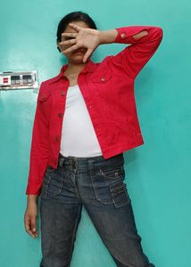 Women Solid Red Denim Jacket L Size