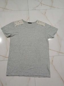 Grey Lace Embellished T-Shirt