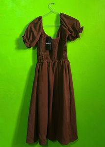 Stylish Brown Smocked Puff Sleeve Dress