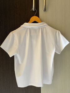 White Ribbed Collared top with Teddy Bear Pat