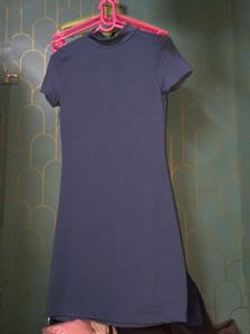 Navy Blue Ribbed Mock Neck Dress