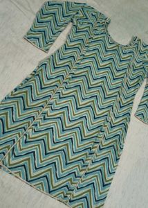 Teal Chevron Print Kurta Set with Dupatta