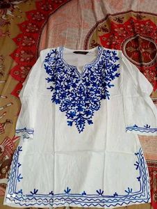 Embroidered White And Blue Short Kurti 🤍💙