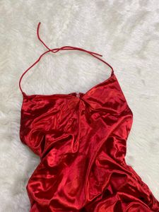 Stunning Red Satin Ruched Halter Dress