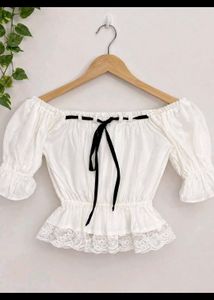 White Puff Sleeve Lace Trim Top