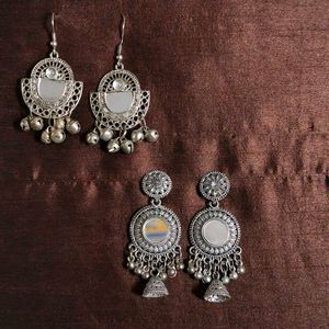 Oxidised Jhumka Earrings with Mirror combo