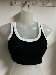 Ribbed Black Sports Bra with White Trim