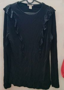 Chic Black Ruffle Long Sleeve Mesh Top