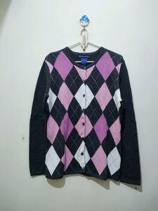 Karen Scott Pnk Diamond Print Grey Sweater Cardiga