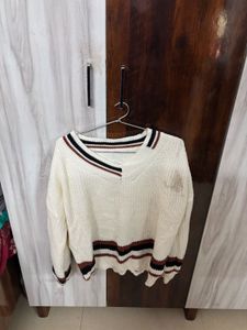 Cream V-Neck Striped Sweater