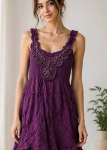 Boho Purple Crinkle Dress with Lace Detail