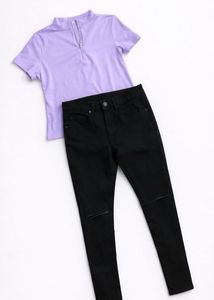 Cute Lilac Top &amp; Ripped Black Jeans Set