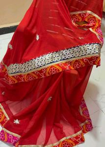 Red Embroidered saree with Mirror Work