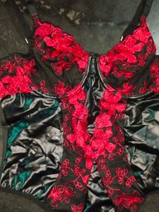 leather Black &amp; Red  Lace Teddy Bodysuit