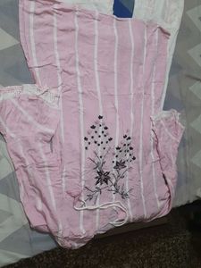 Pink Striped Kurta with White Pants Set