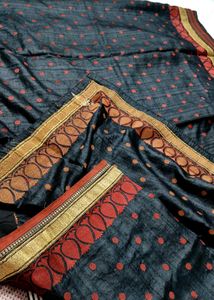 Black Red Zari Embroidered Tussar Silk Saree