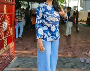 Blue Floral Bell Sleeve Top