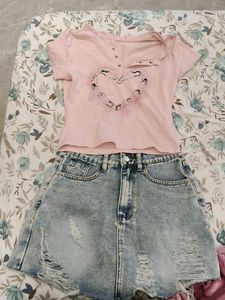 Brasil Graphic Crop Top &amp; Distressed Denim Skirt S