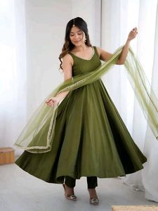 Olive Green Sleeveless Anarkali Kurta Set