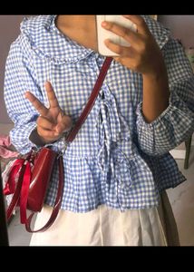 Blue Gingham Ruffle Blouse