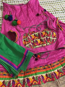 Pink Embroidered Lehenga Choli with Green Dupatta
