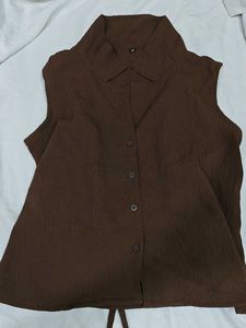 Sleeveless Brown Button-Up Top