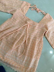 Calvin Klein Smocked Peach chikankari Top