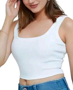 White Ribbed Cropped Tank Top