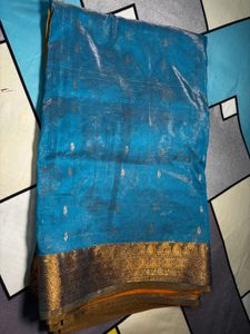 Blue Saree with Golden Motifs